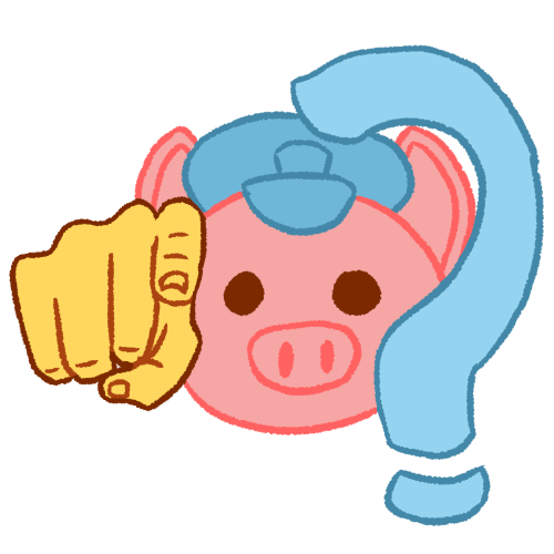 a digital emoji that has an emoji yellow hand pointing at the viewer, a pig wearing a police hat, and a blue question mark. 